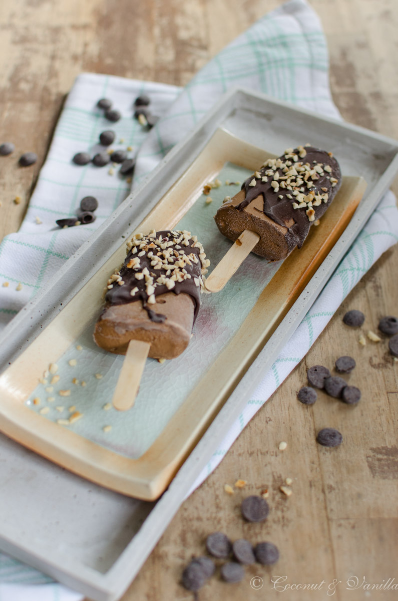 Schokoladen-Eispops mit Schokoglasur und gerösteten Haselnüssen
