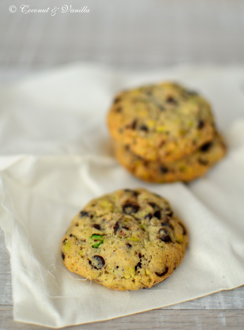Pistachio and Dark Chocolate Chip Cookies with Smoked Sea Salt