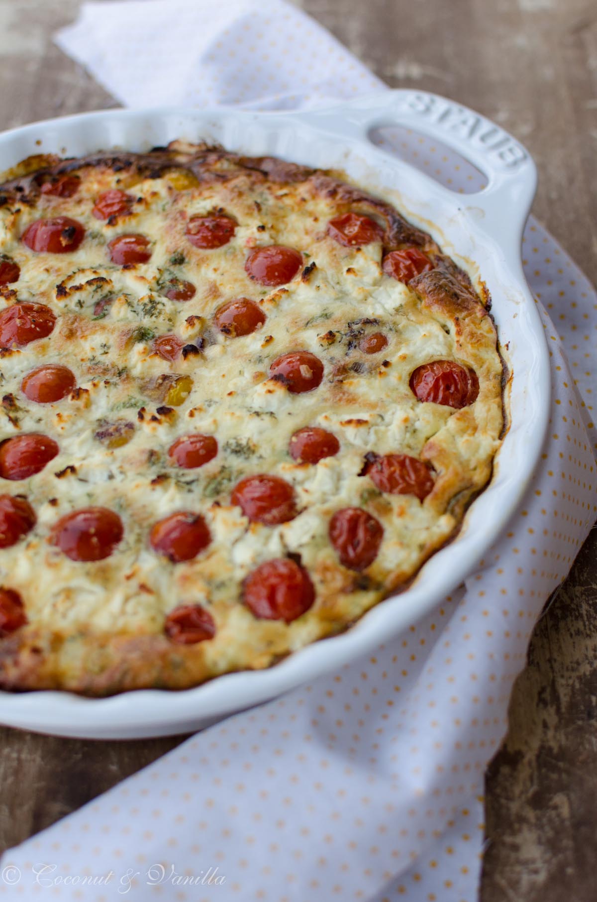 Caramelized cherry tomato, zucchini and goat cheese clafoutis