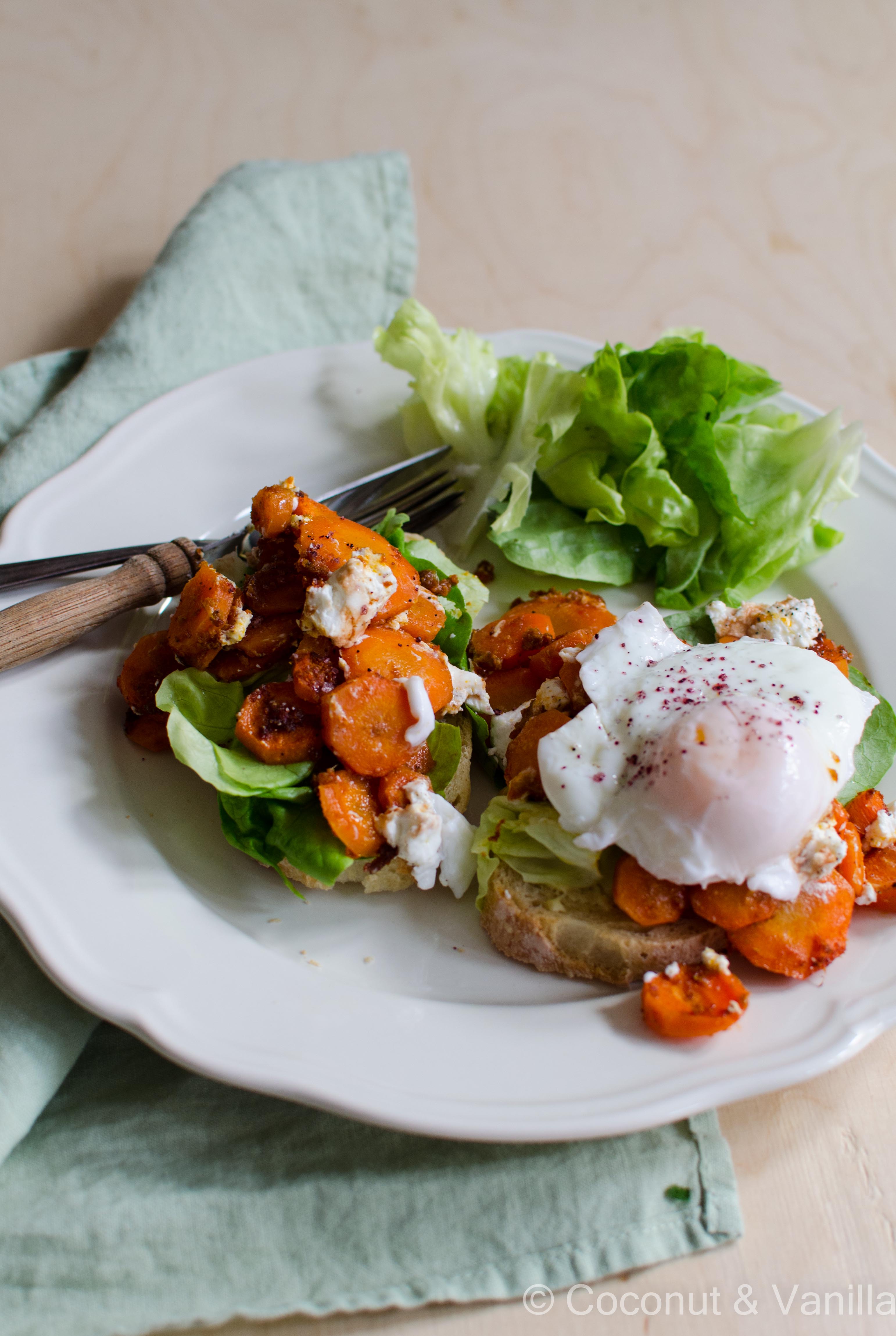Harrisa Carrots with goats cheese, poached egg and lettuce on buttered toast