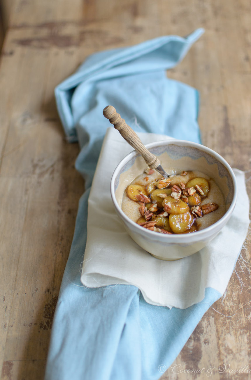 Amaranthporridge mit karamellisierten Bananen und Pekannüssen glutenfrei