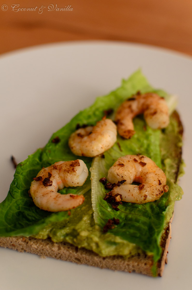 Tartines with citrus avocado and cumin-flavored shrimp