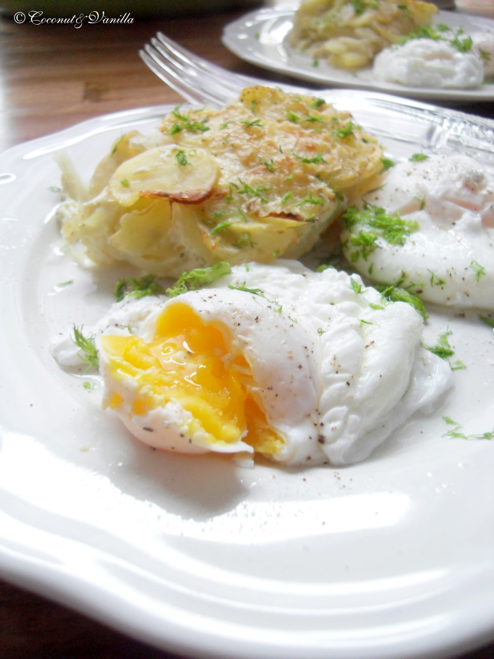 Potato-Fennel-Gratin with Poached Eggs